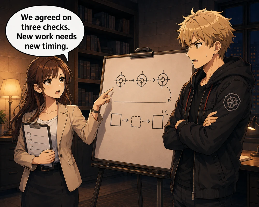 The woman points to the original three checks and says, “We agreed on three checks. New work needs new timing.”