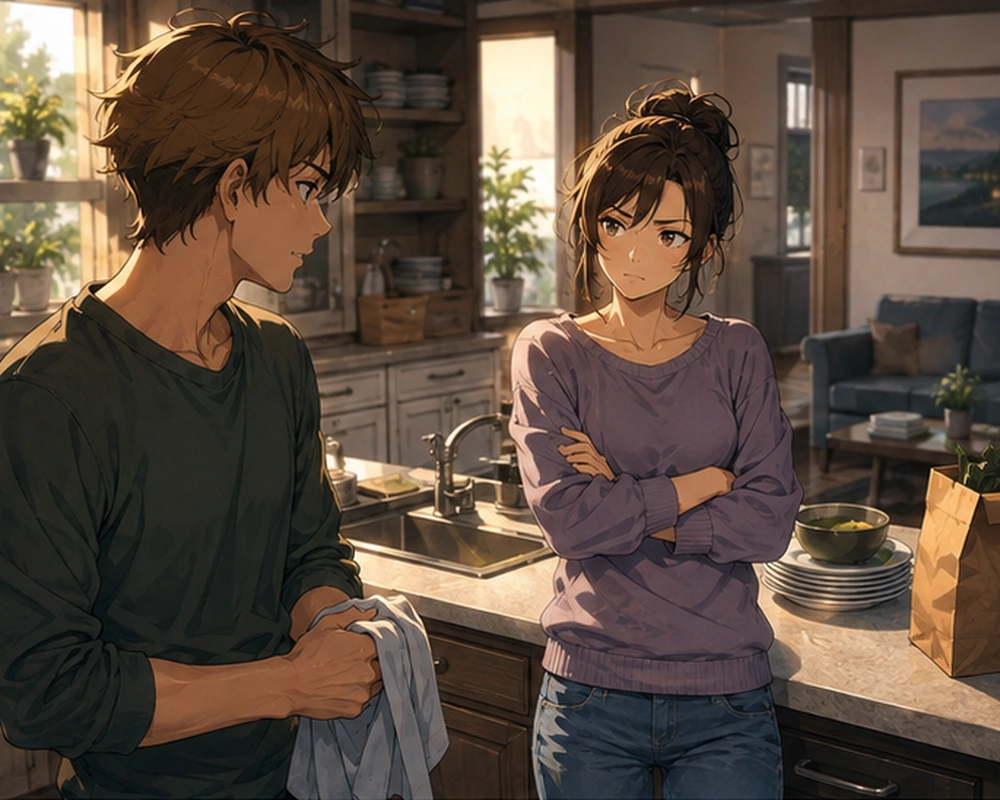 Moving the Goalposts — Jordan and Sam agree that Jordan will clean the kitchen and shop before guests arrive.