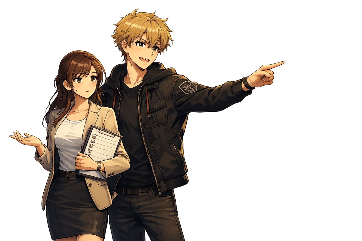 A man points to a new target while a woman holds a completed checklist