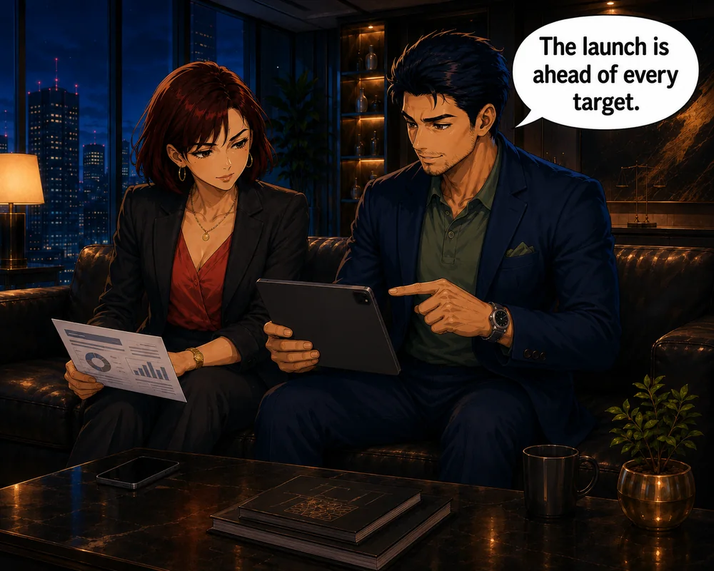 Reviewing launch results, a woman says, “The launch is ahead of every target.”