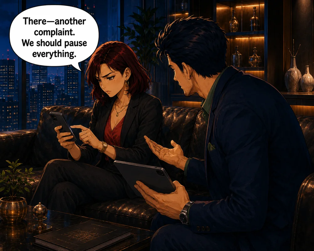 After noticing another complaint, she insists that they should pause everything.
