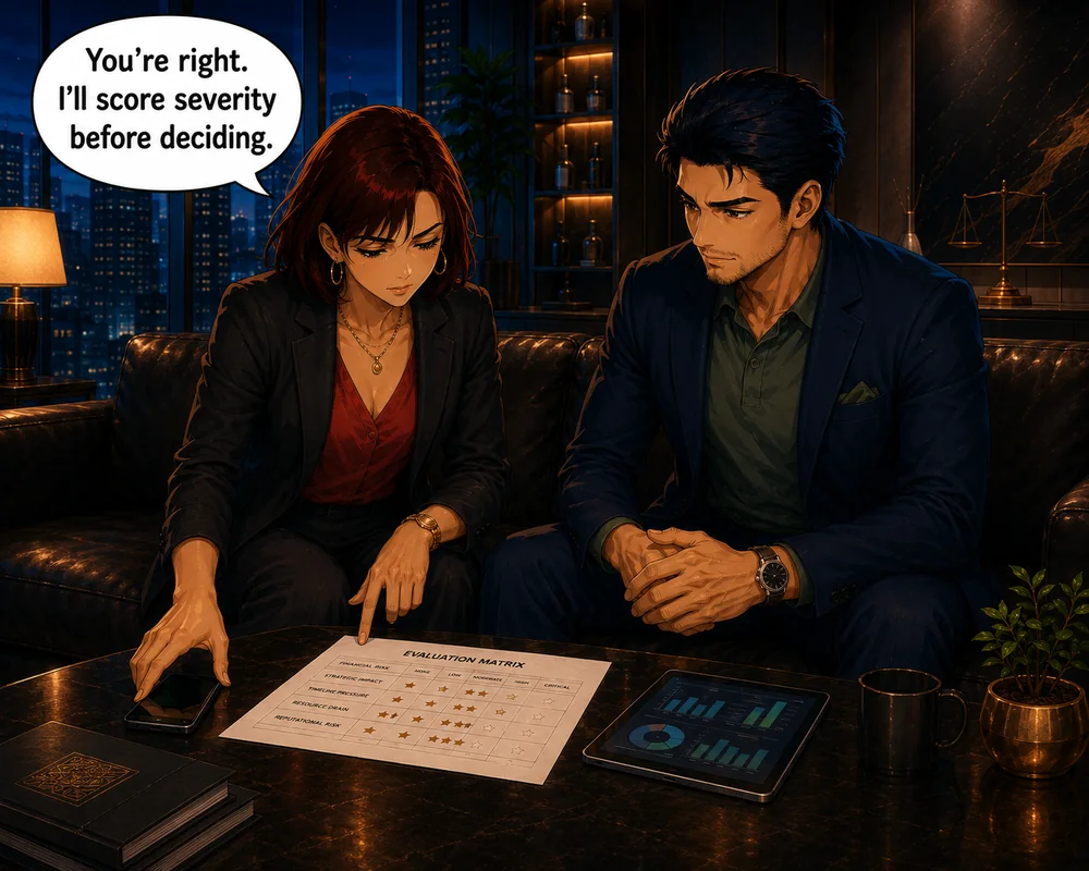 The woman accepts the correction and decides to score severity before making the decision.