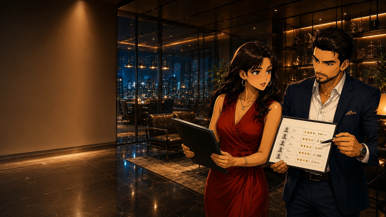 A professional woman and man review evaluation documents in a night office while one negative item pulls attention away from the broader evidence.