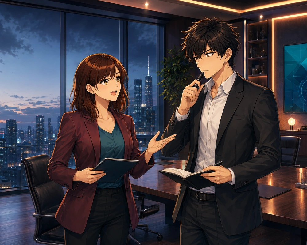 A manager and employee discuss a performance review beside a city skyline, comparing one critical note with a wider record of strong results.