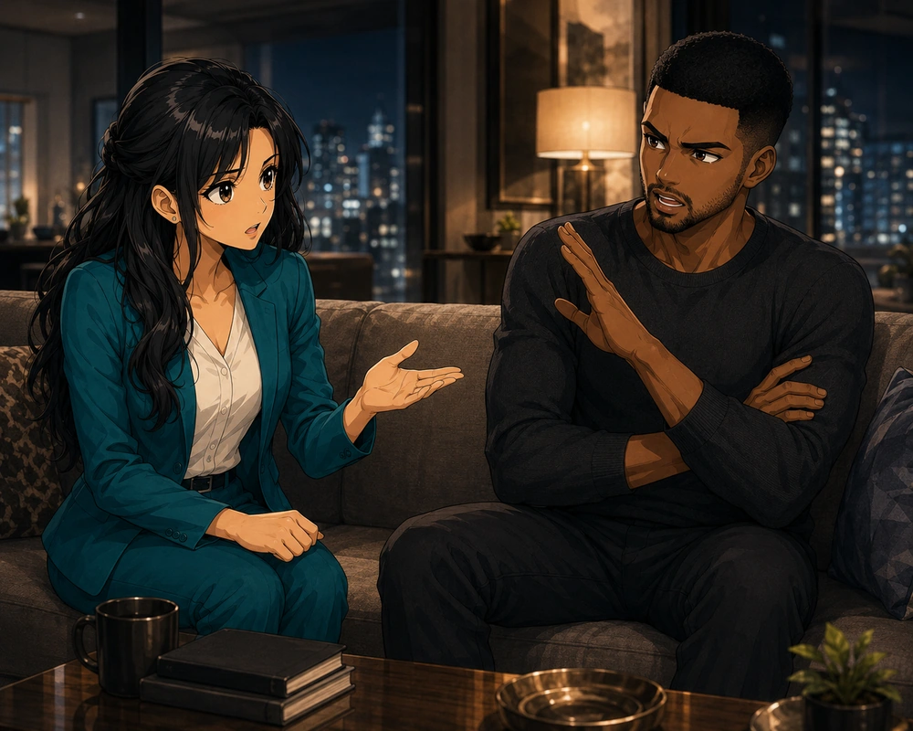 A woman and man talk seriously in a quiet night apartment after one hurtful moment overshadowed an otherwise supportive evening.