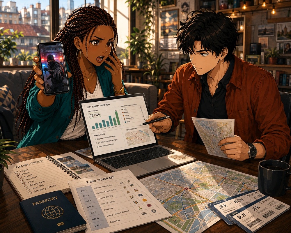 Two travelers compare a dramatic incident on a phone with maps, official reports, and broader travel-risk data spread across a table.
