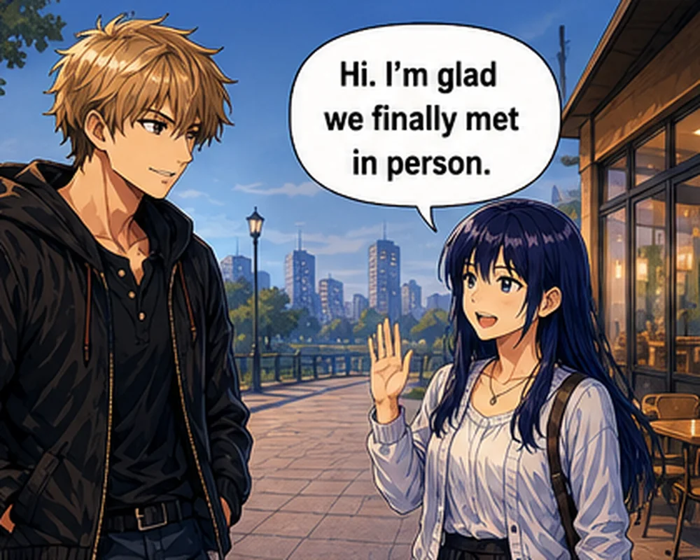 On a first date, a woman says, “Hi. I’m glad we finally met in person.”
