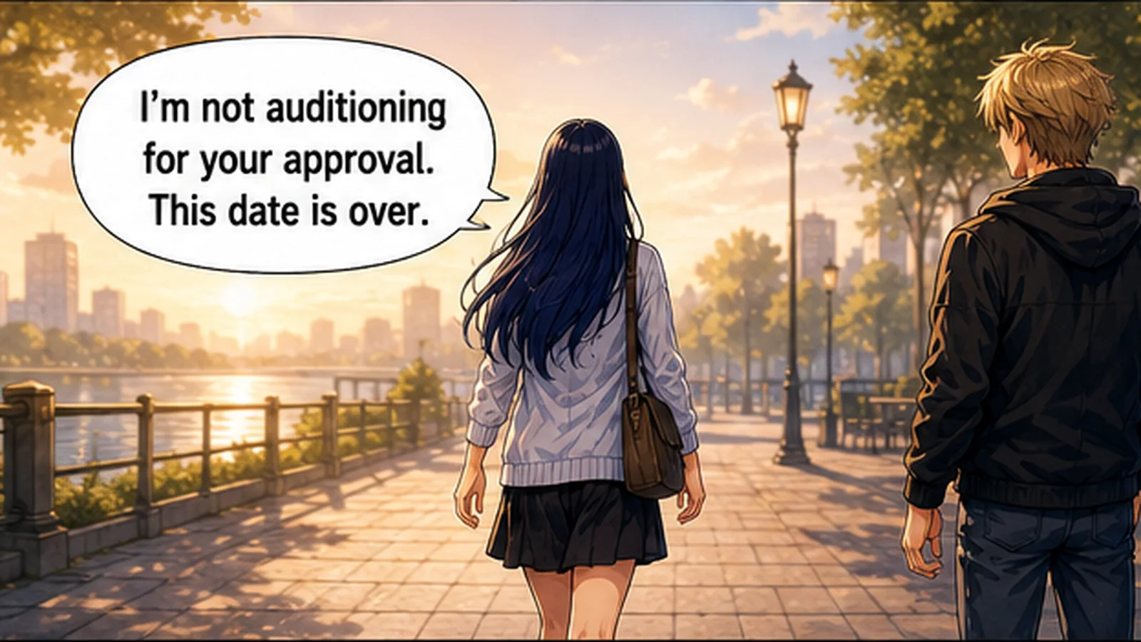 Walking away, the woman says, “I’m not auditioning for your approval. This date is over.”