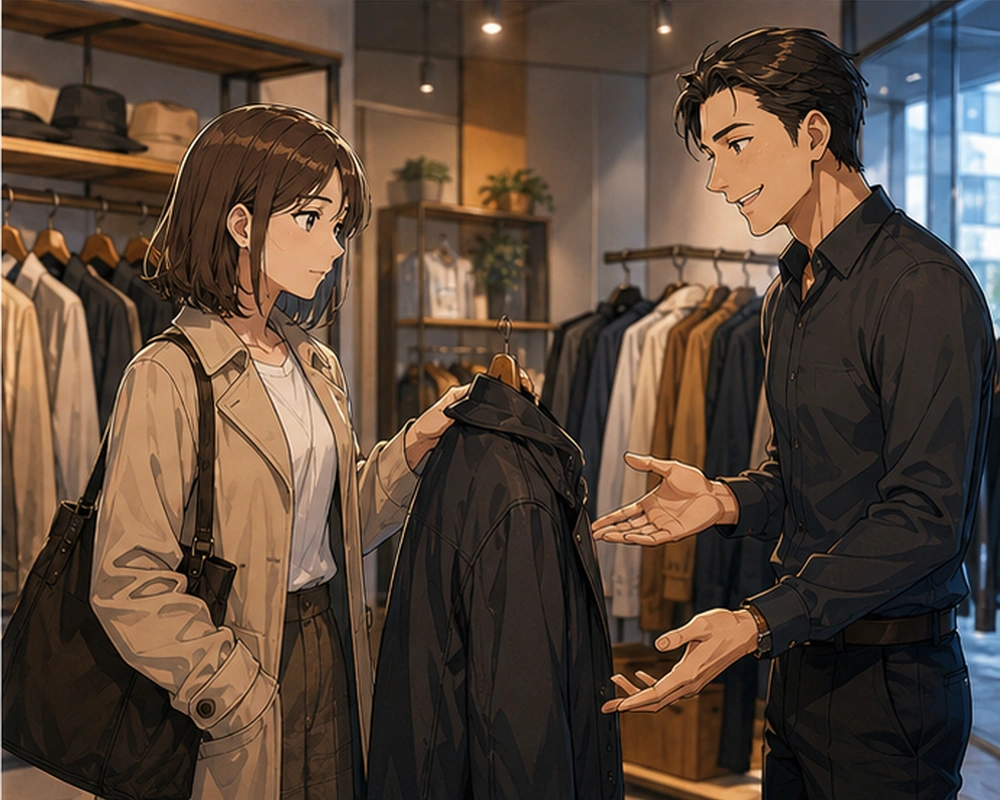Negging — A shopper asks whether a jacket fits.