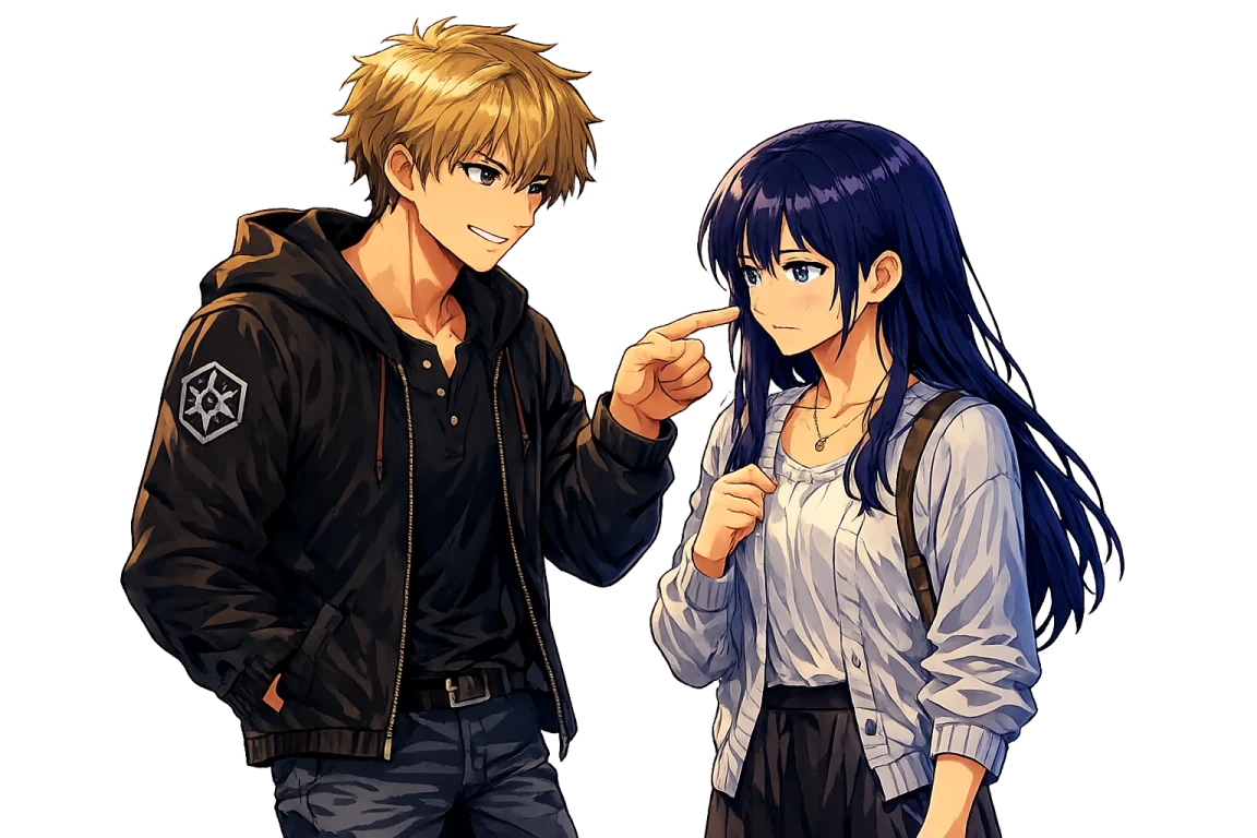 A man points critically toward an uncomfortable young woman