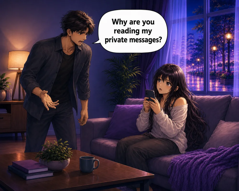A man asks, “Why are you reading my private messages?” as a woman sits holding his phone.