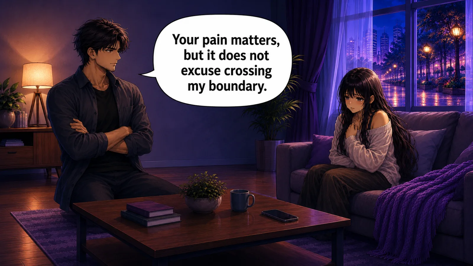The man says, “Your pain matters, but it does not excuse crossing my boundary.”