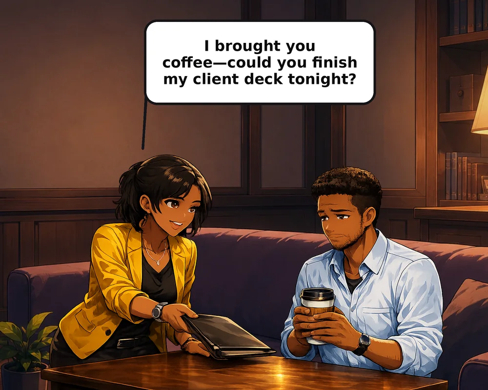 A woman brings coffee and asks, “Could you finish my client deck tonight?”
