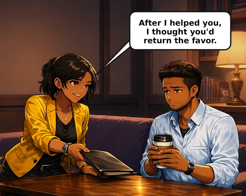 The woman reminds him of the favor to make refusal feel ungrateful.