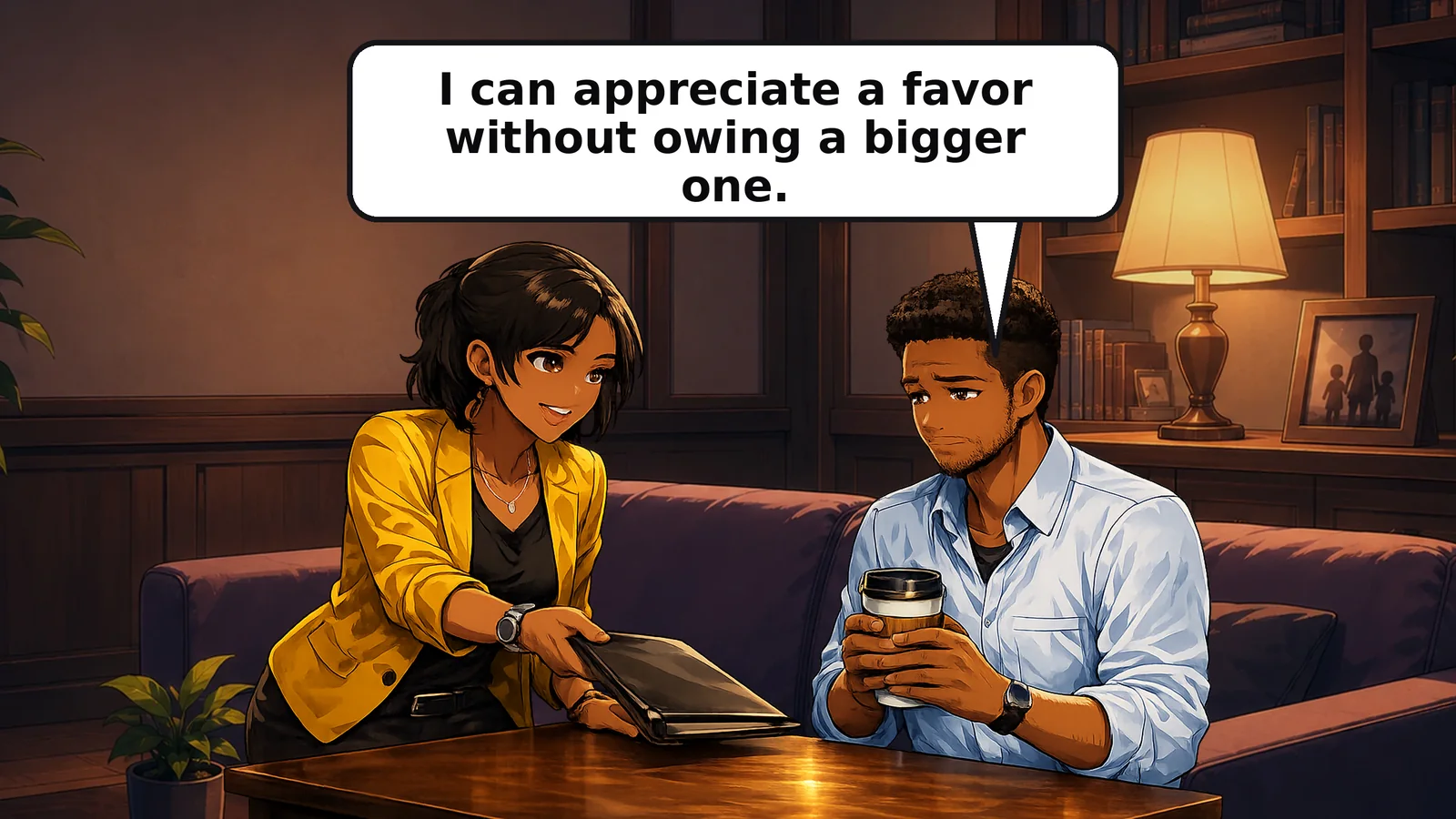 The man says, “I can appreciate a favor without owing a bigger one.”