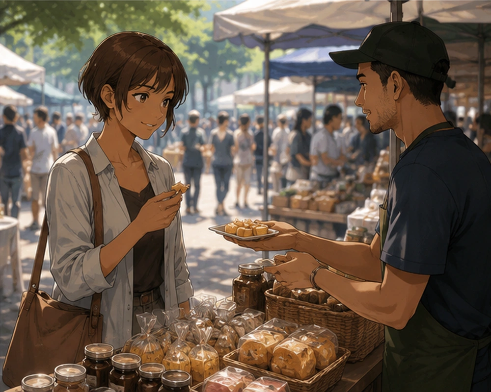 Reciprocity Pressure — At a market, Jo accepts a sample offered without conditions.