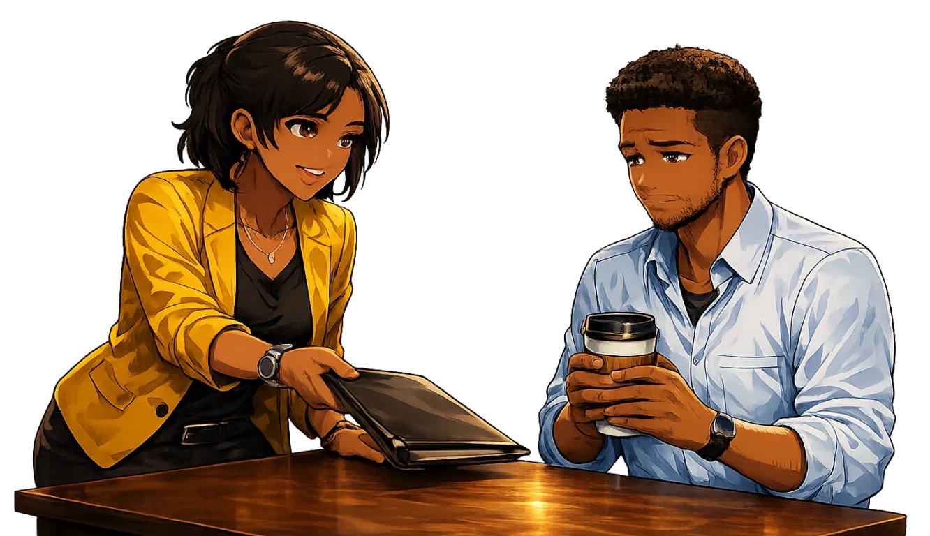 A woman presents a favor while a man feels pressured to reciprocate