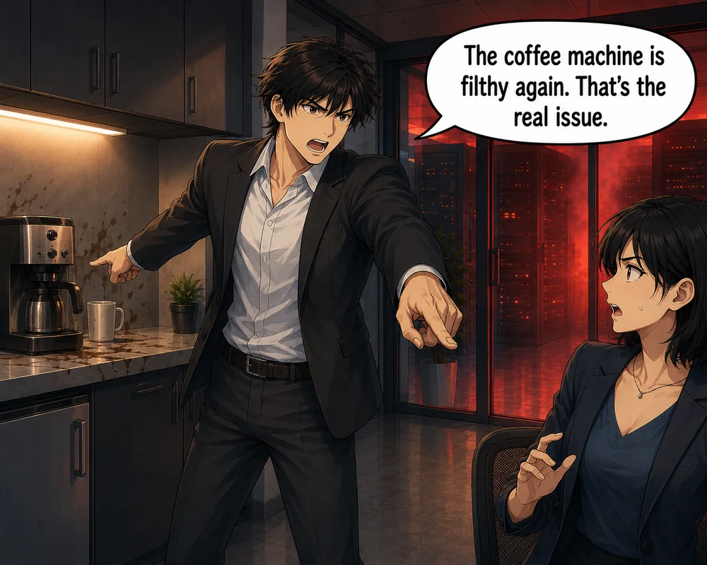 He redirects attention to the office coffee machine instead of the servers.