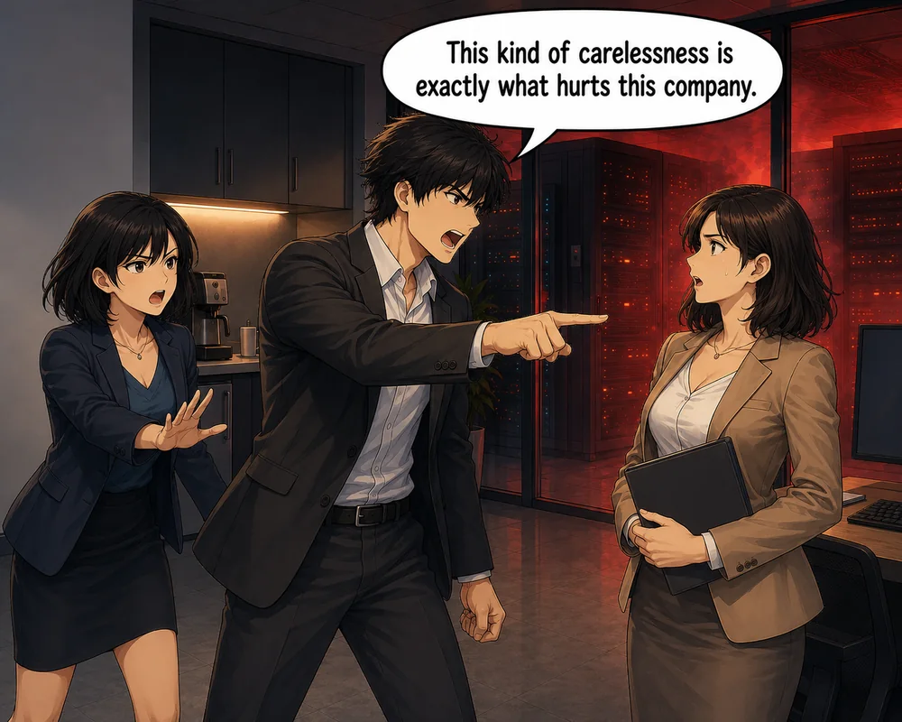 The manager criticizes coffee-machine carelessness as the issue hurting the company.