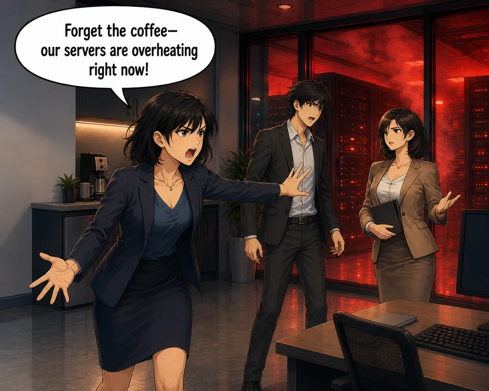 The employee urges the group to forget the coffee and address the overheating servers.