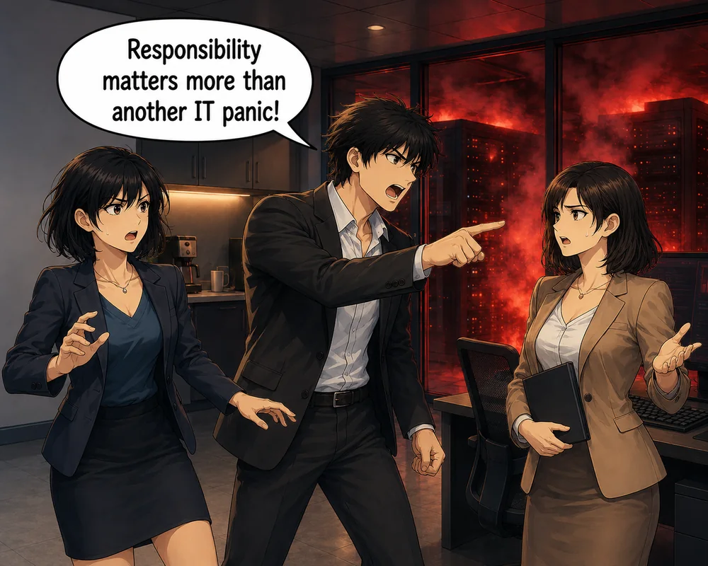 The manager continues the distraction by claiming responsibility matters more than another IT panic.