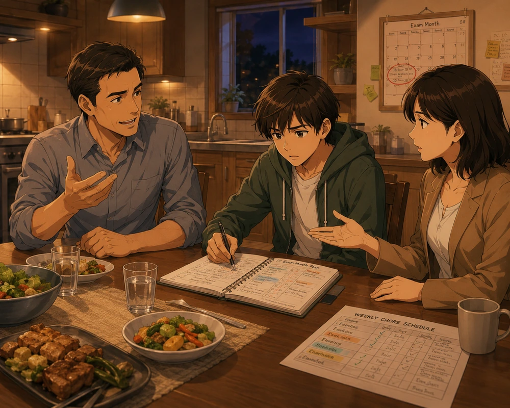 A family discusses responsibilities around a dinner table in a warm kitchen.