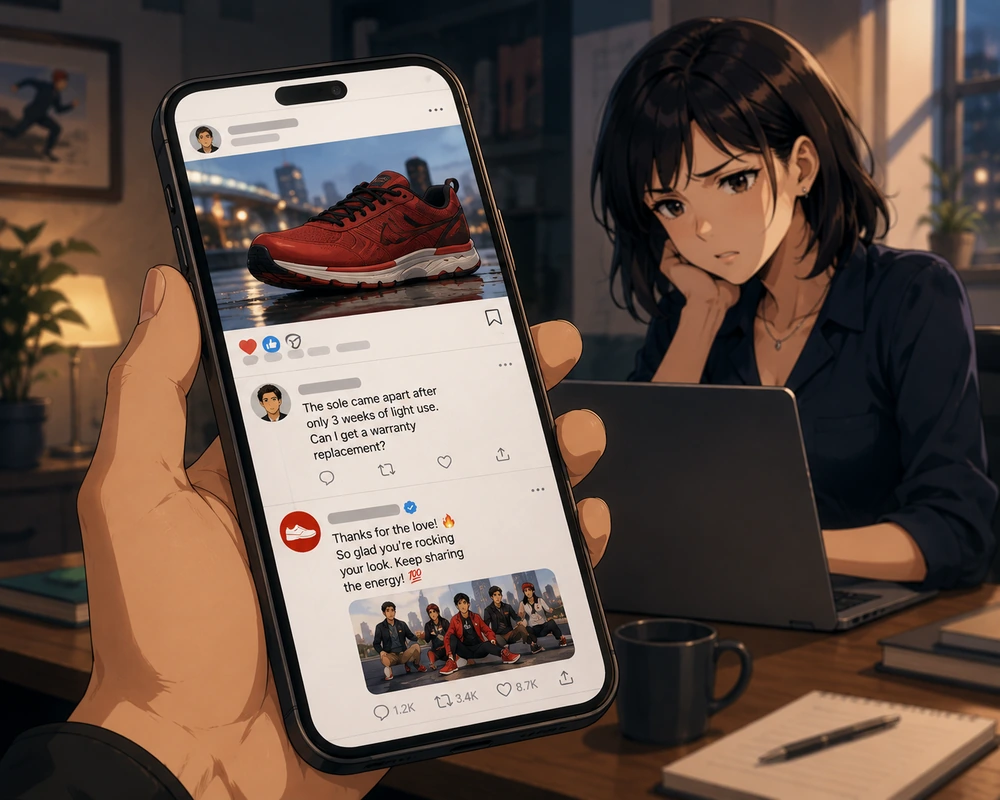 A social media post featuring a brightly colored sneaker and a stream of customer comments.