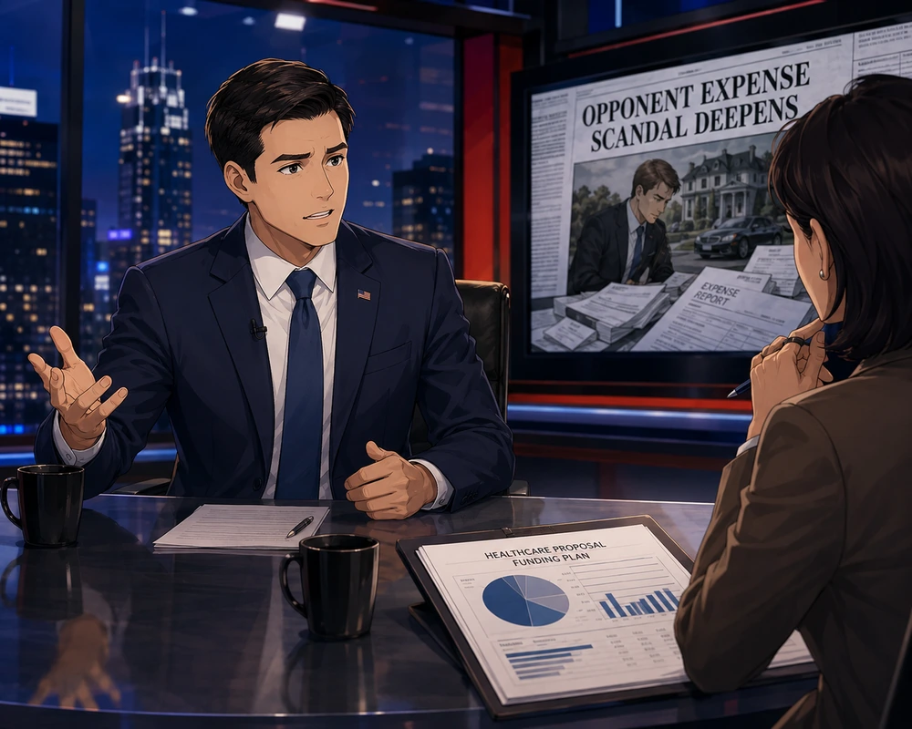 A political interview on television while the guest gestures during a difficult policy question.