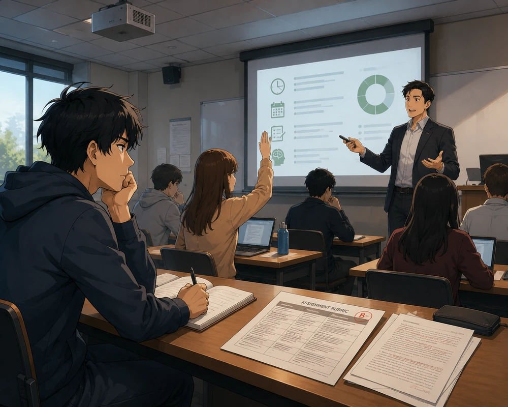 A student takes notes in a lecture room while an instructor presents general study advice.