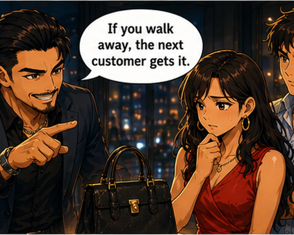 The shopper is shown a sale deadline while the seller discourages time to compare options.