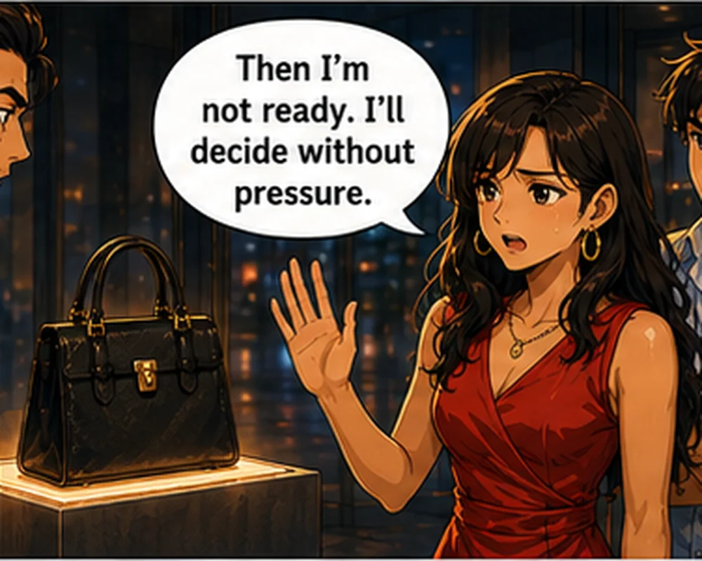 The shopper pauses to evaluate the offer and refuses to let an artificial deadline choose for her.