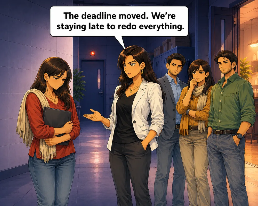 A colleague points at a distressed woman and says, “The deadline moved. We’re staying late to redo everything.”