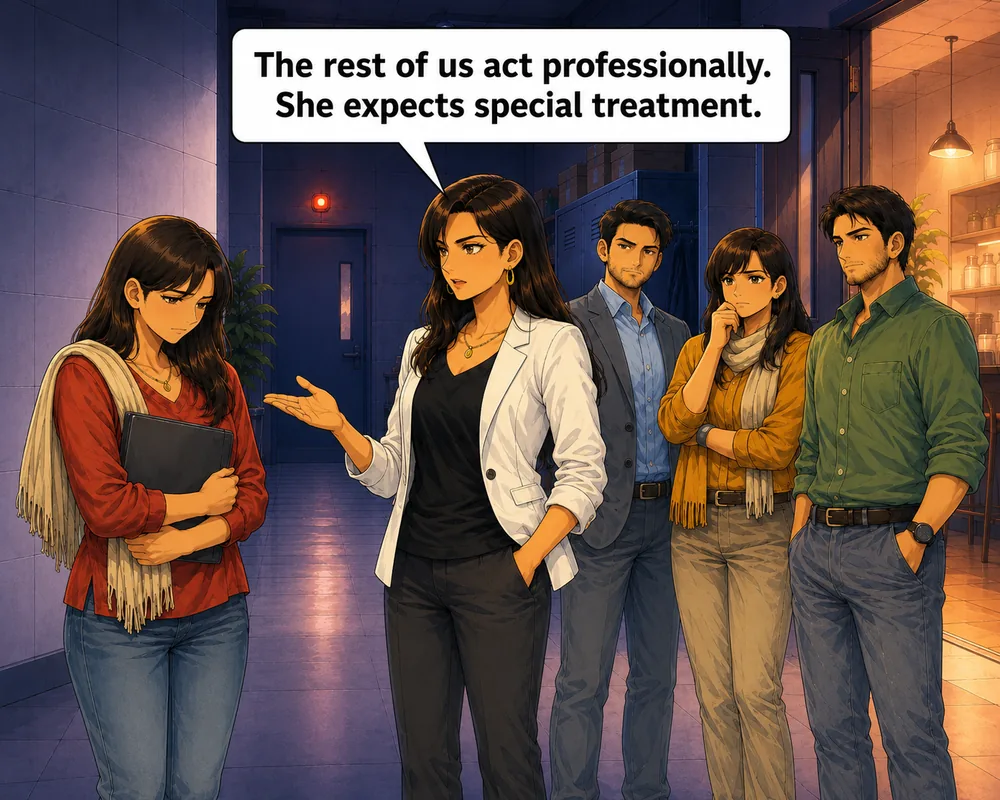 Colleagues watch as criticism targets the woman’s worth rather than the practical problem.
