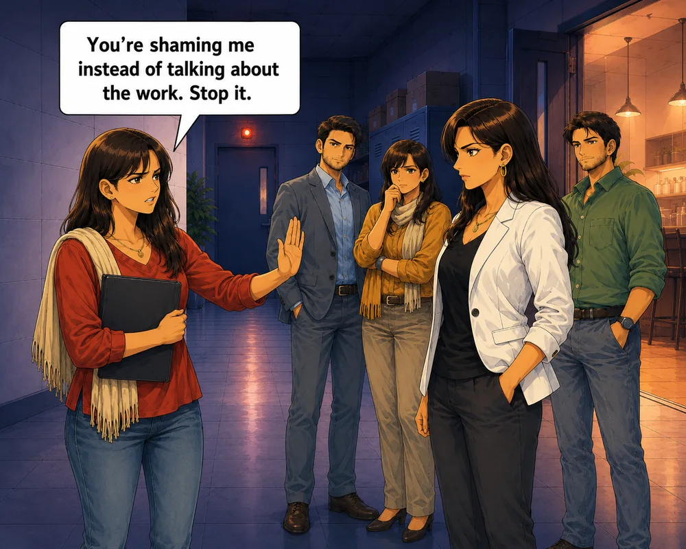 She responds with a clear boundary and redirects the conversation to the plan rather than her identity.