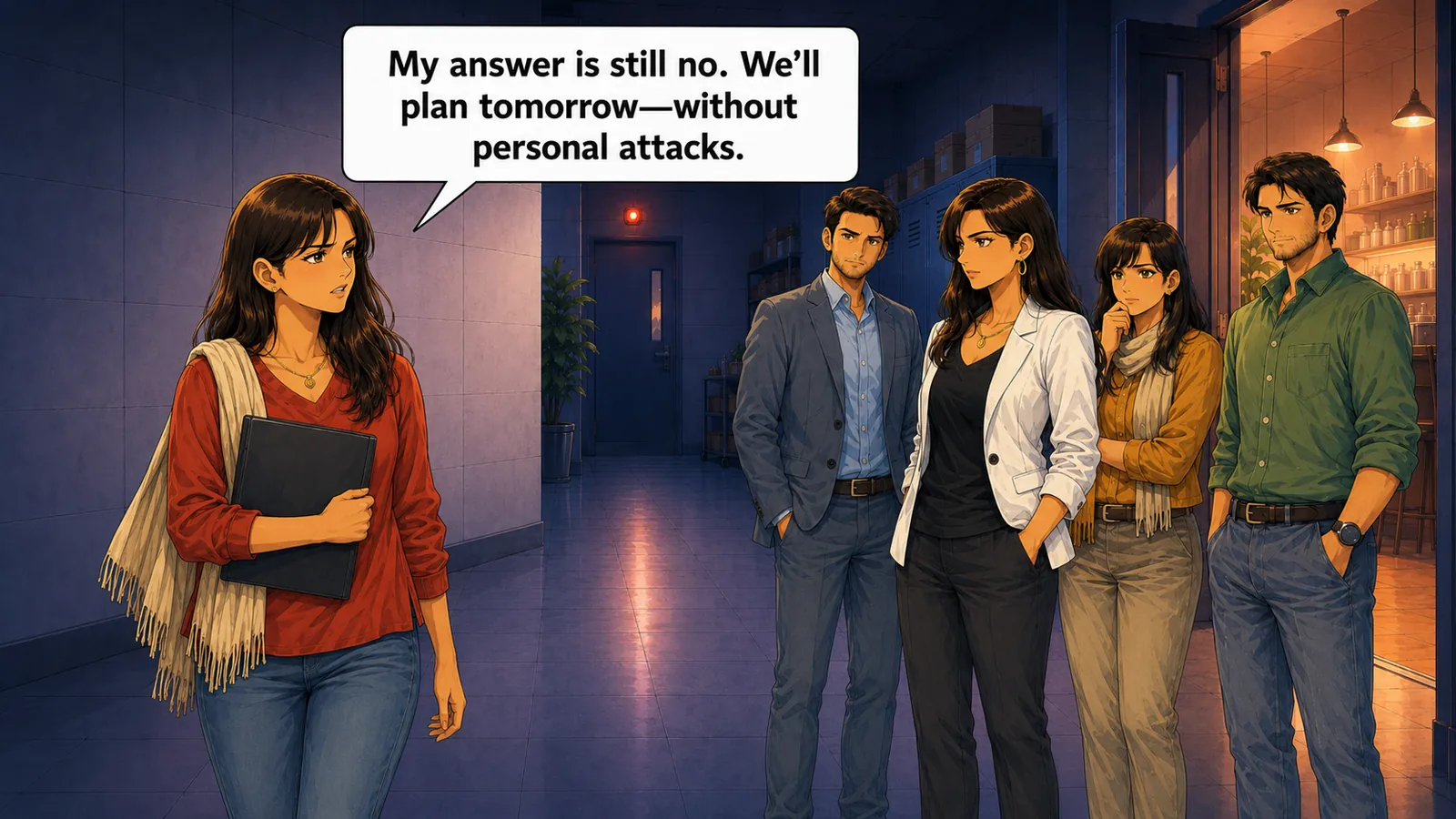 The woman says, “My answer is still no. We’ll plan tomorrow—without personal attacks.”