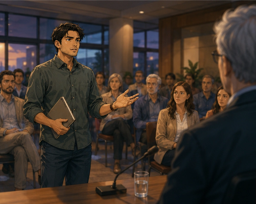 Shaming — During a debate about a costly program, Dev asks how outcomes will be measured and what safeguards protect vulnerable participants.