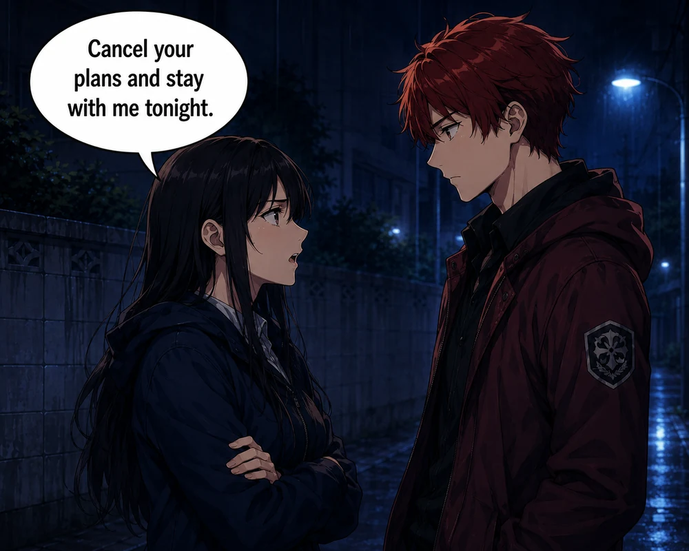 On a rainy street, a woman tells a man, “Cancel your plans and stay with me tonight.”