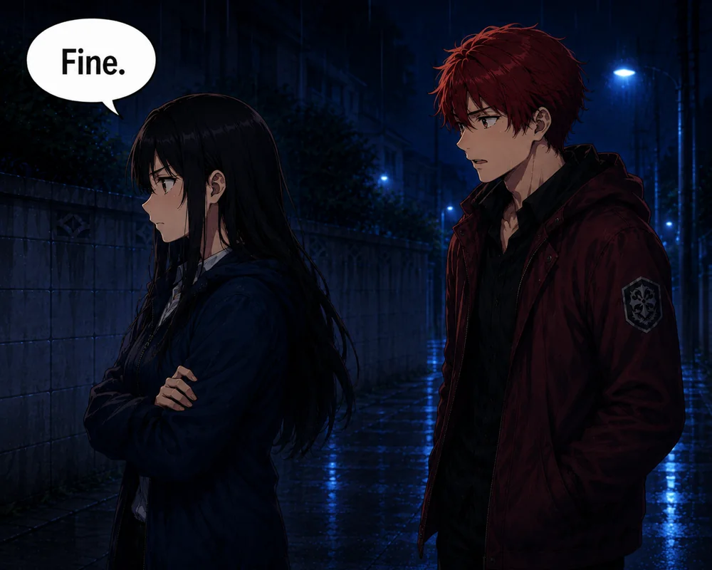 The woman turns away and says, “Fine,” while the man looks concerned behind her.