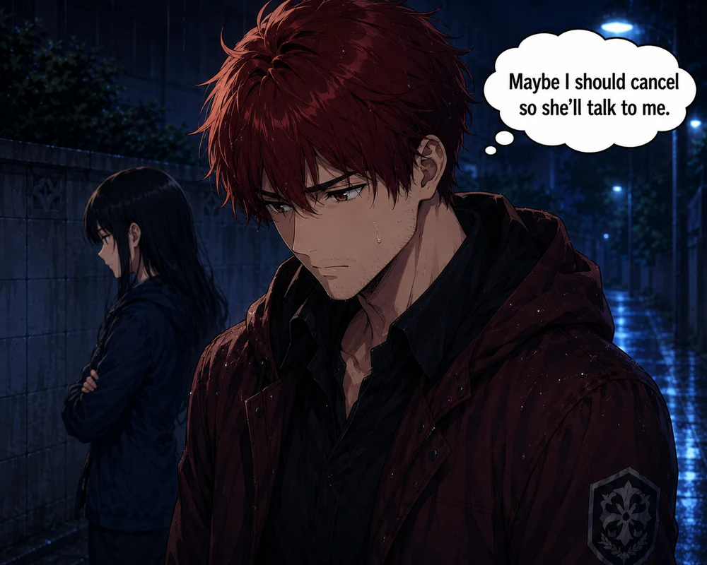 The worried man thinks, “Maybe I should cancel so she’ll talk to me,” while the woman stands apart.