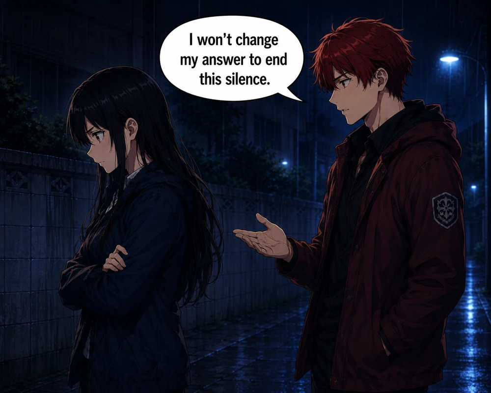 The man holds his boundary and says, “I won’t change my answer to end this silence.”