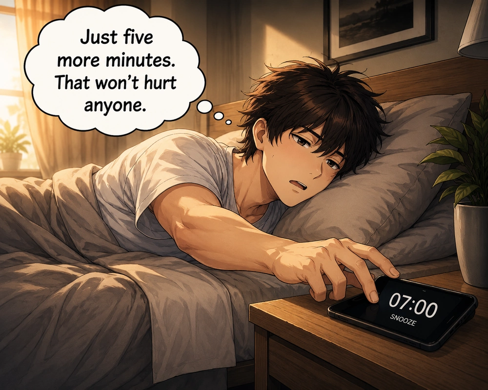 A man reaches for the snooze button and thinks, “Just five more minutes. That won’t hurt anyone.”