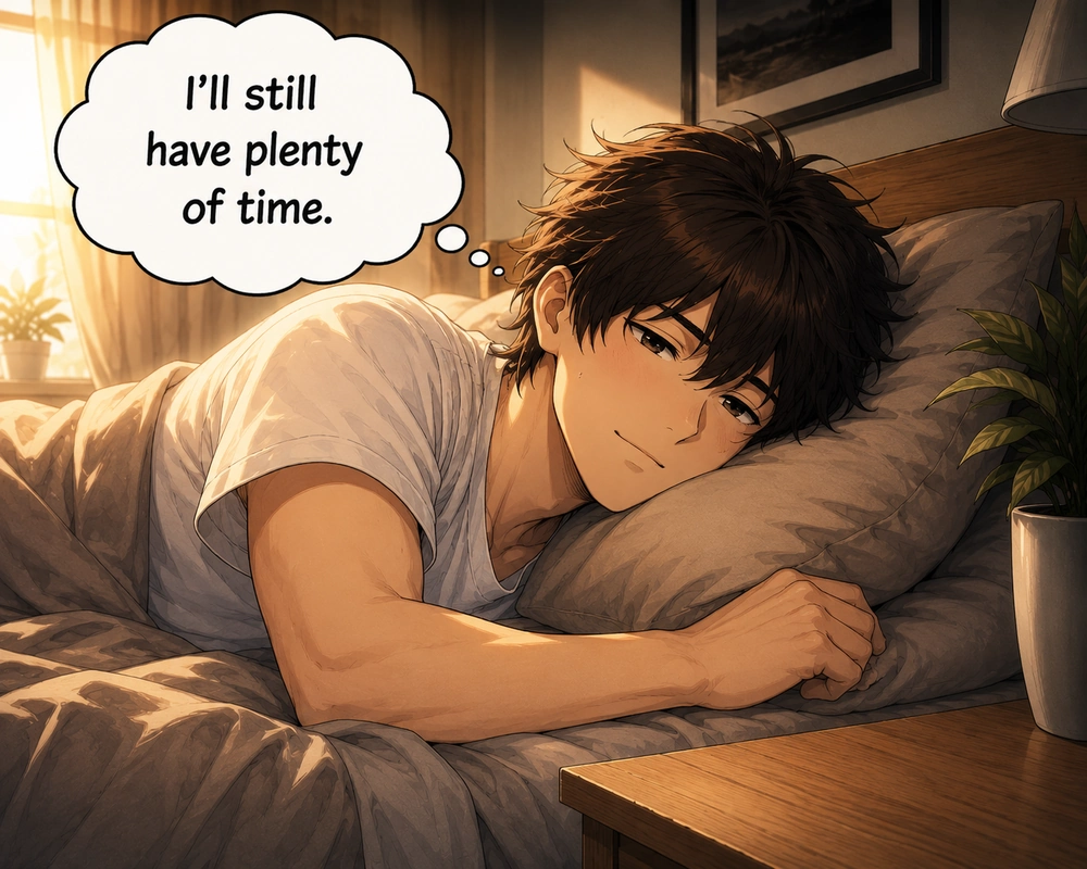 Resting on his pillow, the man assumes that he will still have plenty of time.