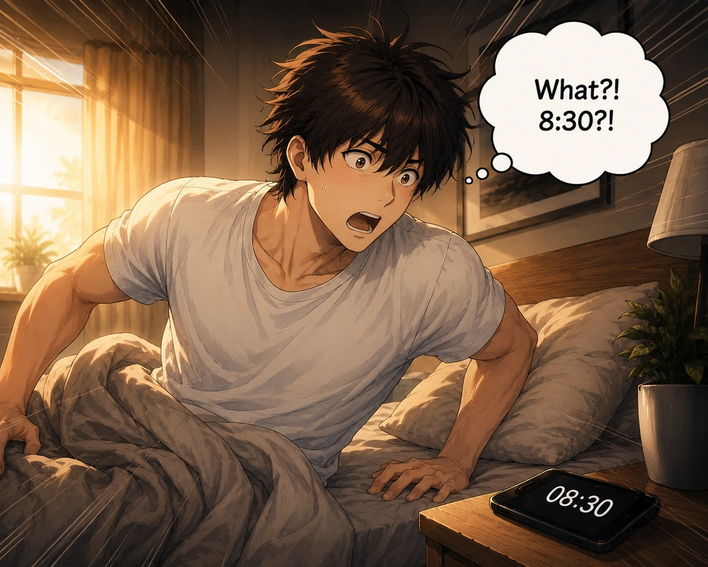 The man wakes in alarm at 8:30 after oversleeping.