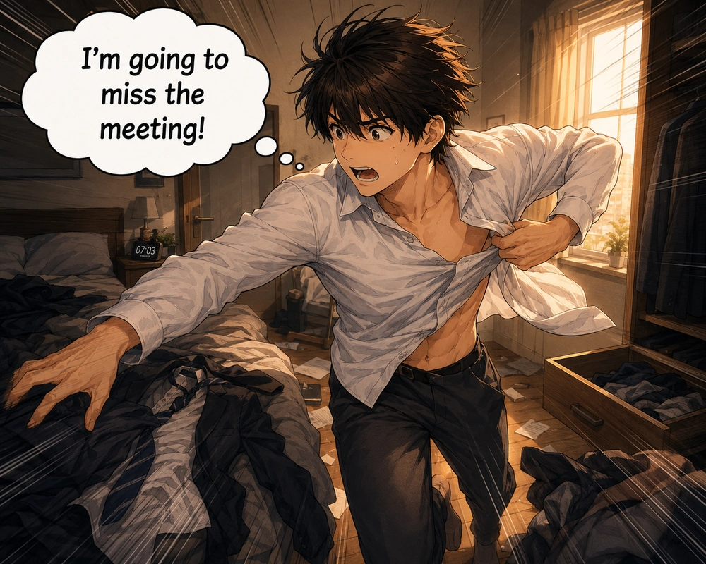He rushes out of bed and fears that he is going to miss the meeting.