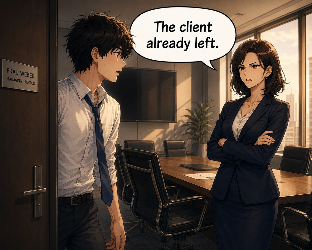 At the office, his manager tells him that the client has already left.