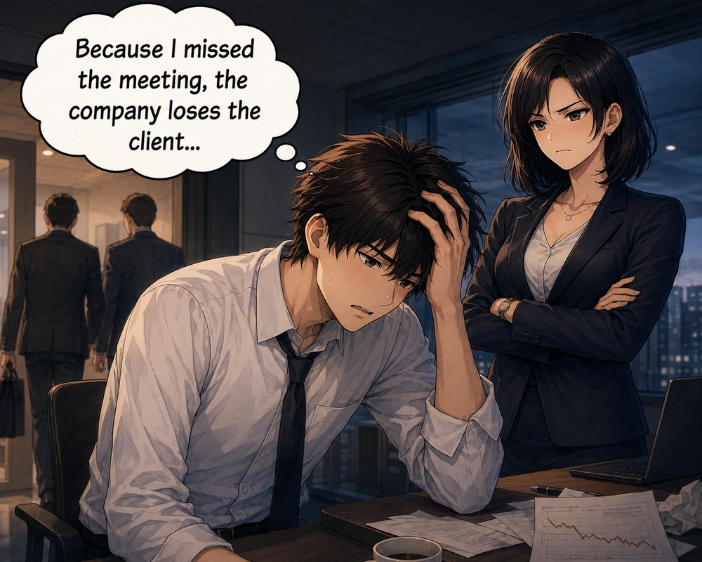 The man begins an escalating prediction that missing the meeting will make the company lose the client.