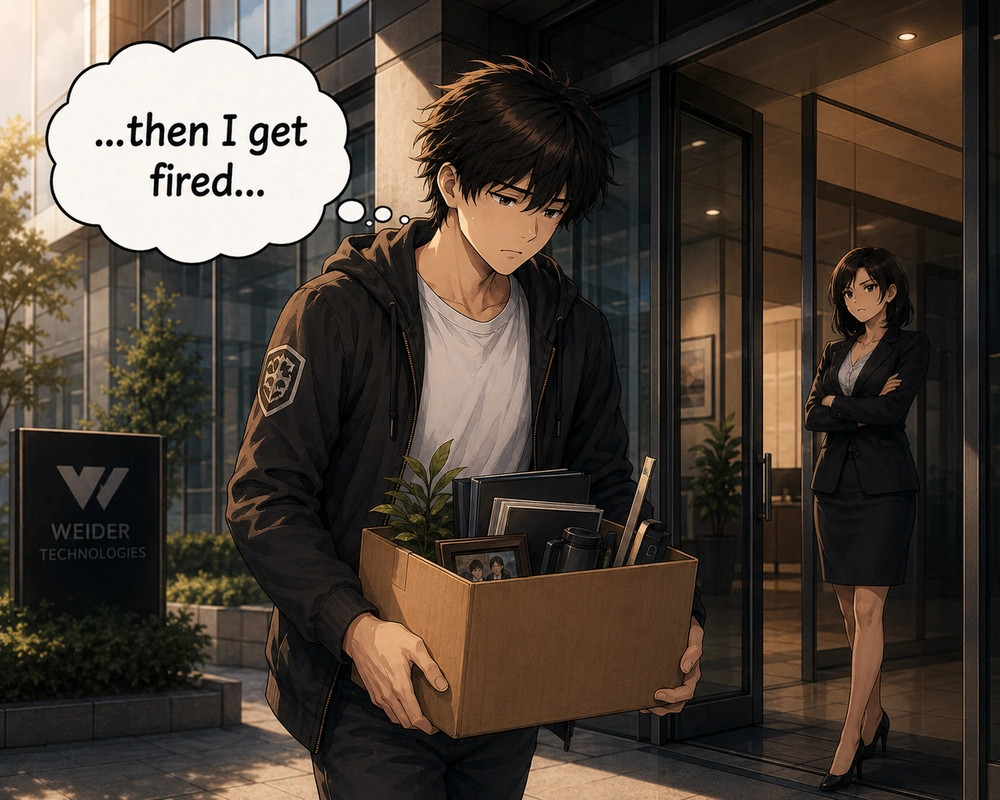 Carrying a box from the office, he imagines that the lost client will cause him to be fired.