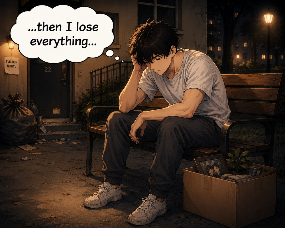 Sitting outside with his belongings, he imagines that being fired will make him lose everything.