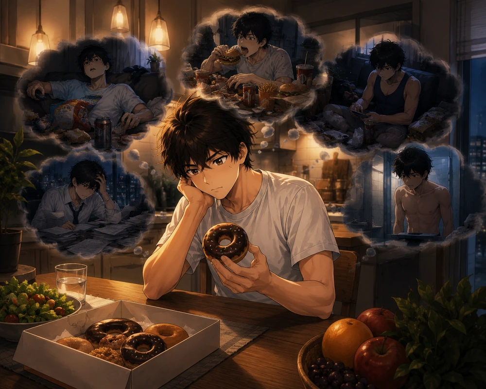 A young man considers one doughnut while imagining increasingly extreme changes to his routine.