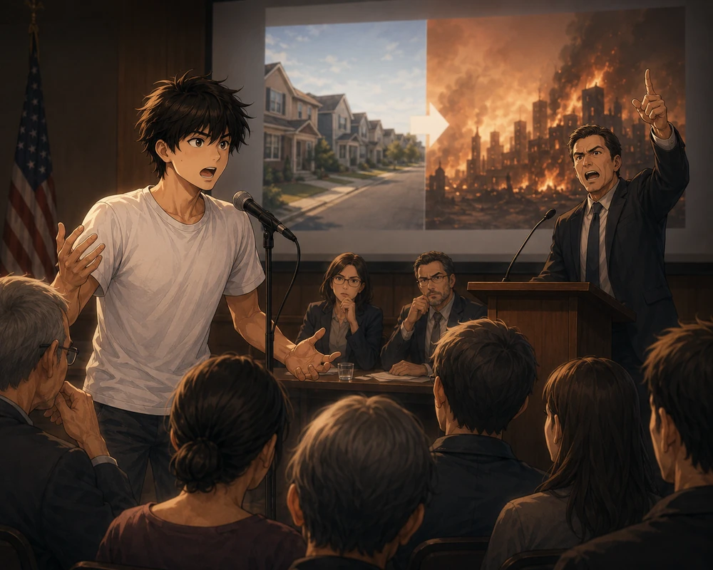 Two speakers debate a policy while an exaggerated catastrophic outcome is projected behind them.
